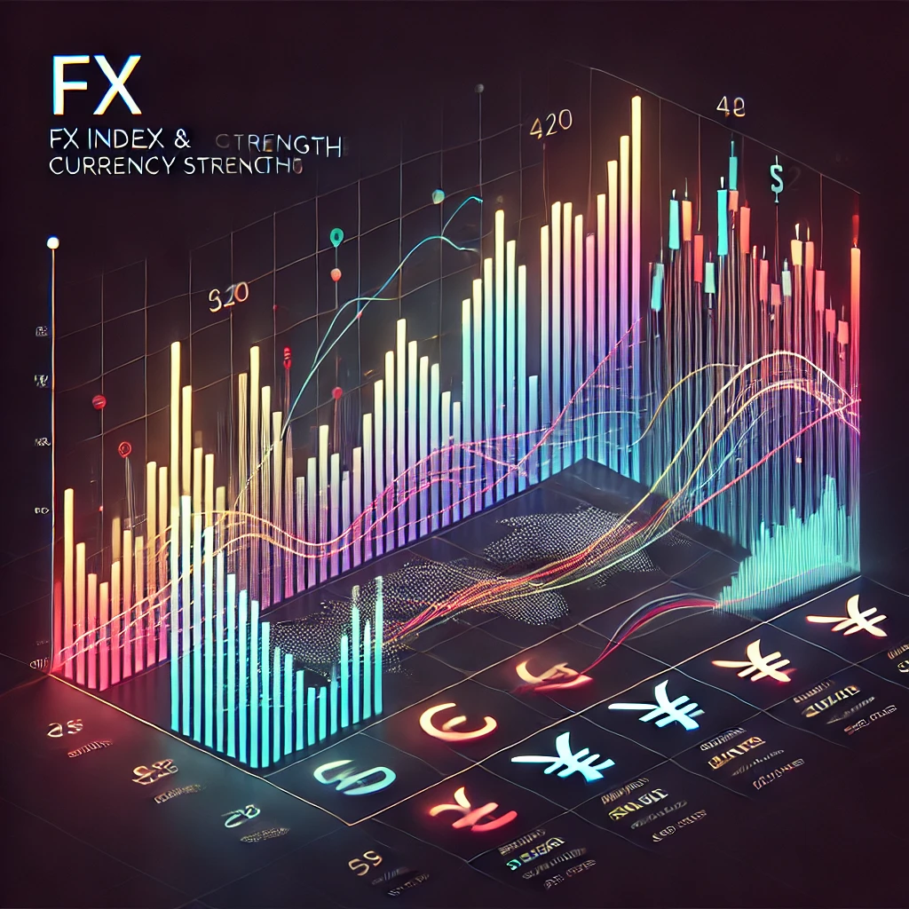 DALL·E 2024-07-26 14.38.01 – An ‘FX指標・通貨強弱チャート’ (FX Index & Currency Strength Chart) with a visually engaging design. The chart uses colorful lines or bars to represent the streng