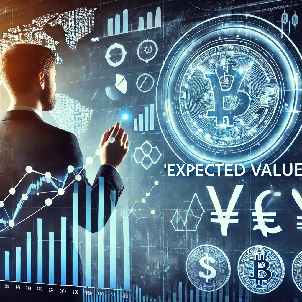 DALL·E 2024-07-26 19.21.15 – An image representing ‘Expected Value’ in Forex trading, featuring an investor analyzing a chart with a prediction line. The line indicates the expect