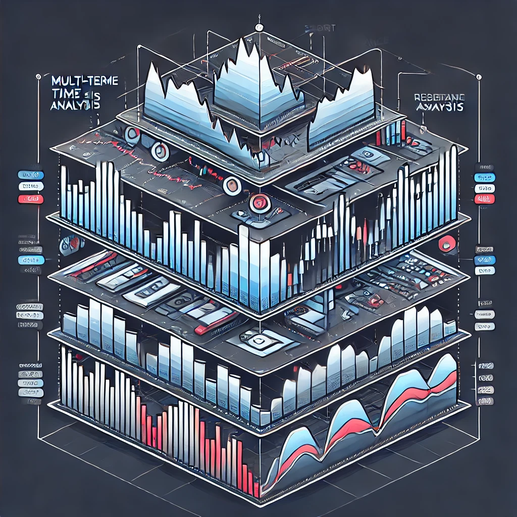 DALL·E 2024-07-26 19.28.51 – An illustration of ‘Multi-Time Frame Analysis’ in Forex trading, featuring a hierarchical display of charts. The charts are organized in layers from t