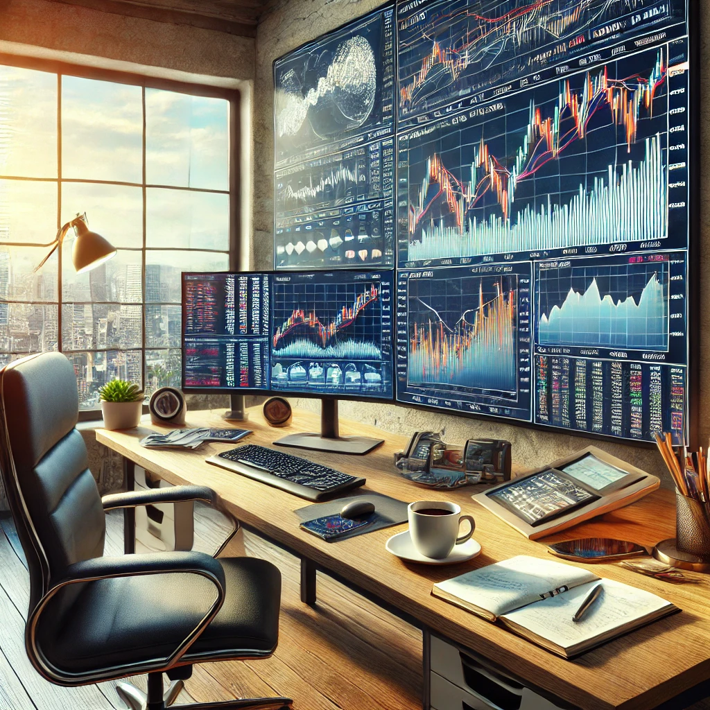 DALL·E 2024-08-06 17.41.56 – A realistic image illustrating an FX trading environment. The scene includes a dual-monitor setup displaying currency charts, technical analysis indic