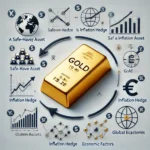 DALL·E 2024-09-06 01.07.51 – A simple diagram explaining gold trading in forex, highlighting key points such as gold being a safe-haven asset, an inflation hedge, and its sensitiv